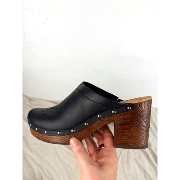 Kork-Ease Sudbury Leather Clogs Black Size 11 Studded Wood Heel Slip-On Shoes - Picture 4 of 15